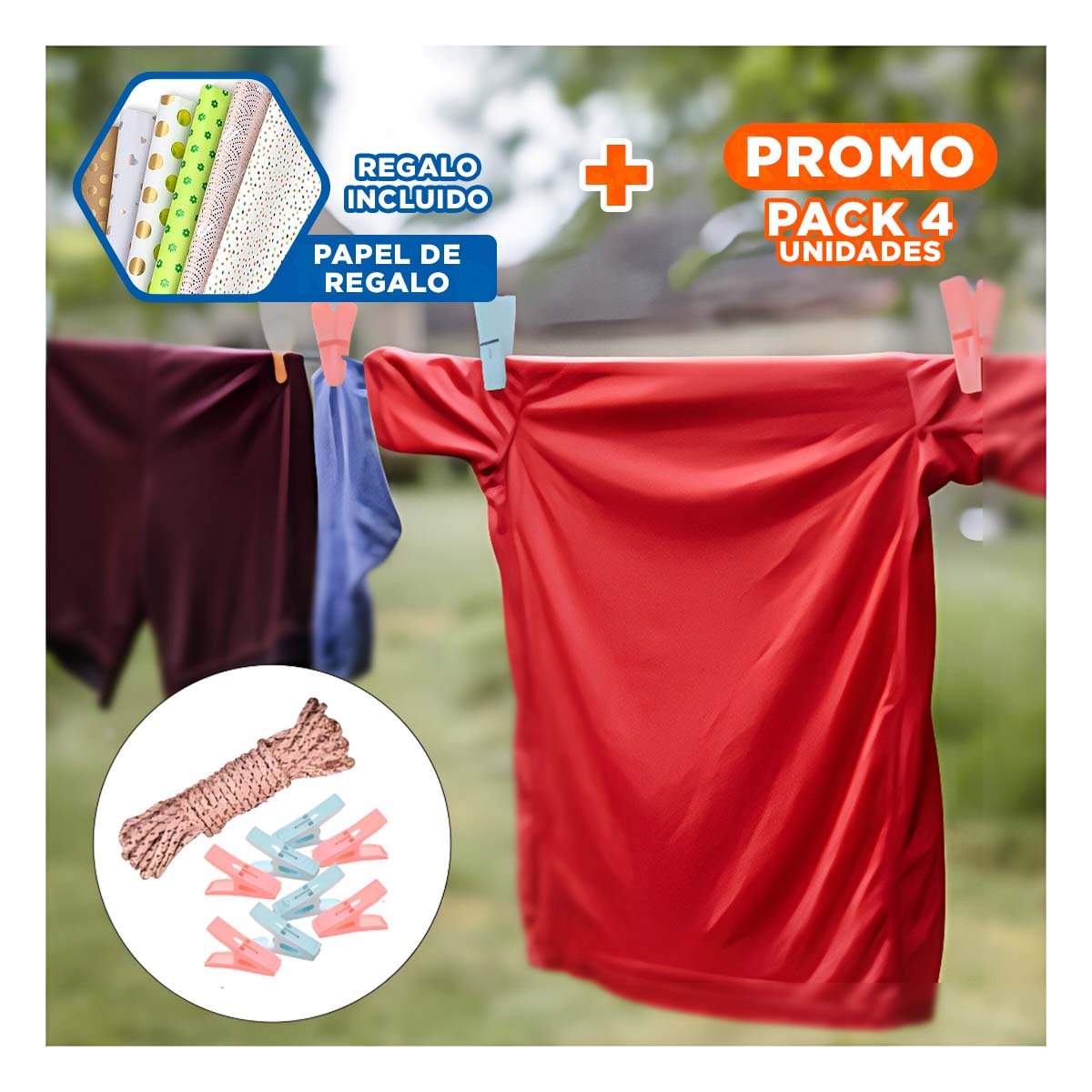 PACK4 CLIPS CUADRADOS MULTICOLOR CON CUERDA PARA LAVADO Y SECADO DIARIO Y+PAPEL REGALO - 1