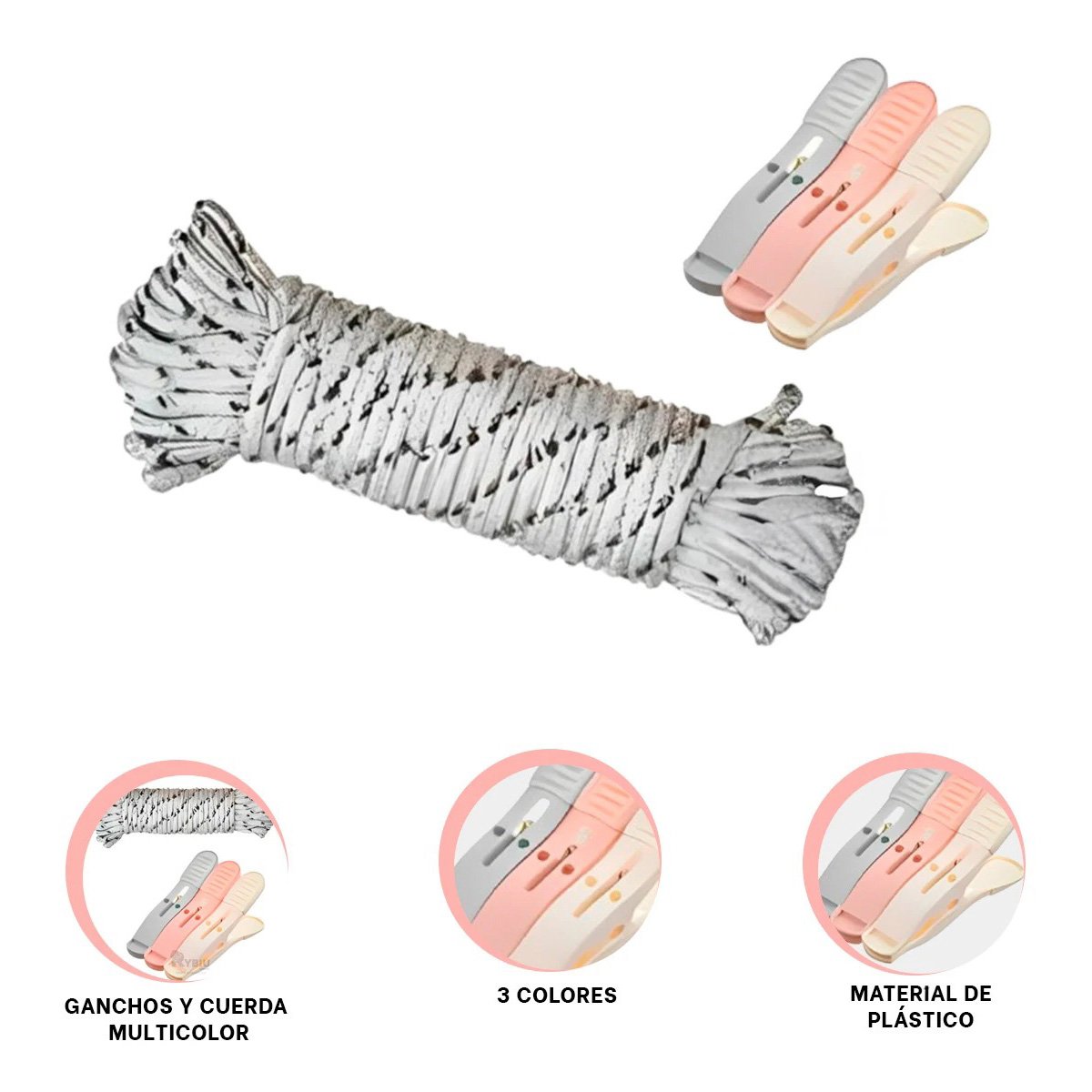 SUJETADORES DE PLASTICO PARA ROPA MULTICOLOR EN TRES TONOS CON CUERDA YLIGAS REGALO - 3
