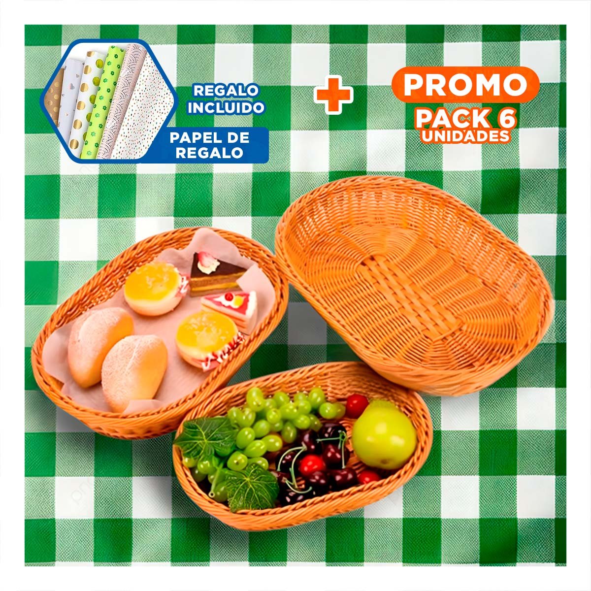 PACK6 CESTO OVALADO DE PLASTICO TEJIDO 30X20X7CM PARA SERVIR ALIMENTOS Y+PAPEL REGALO - 1