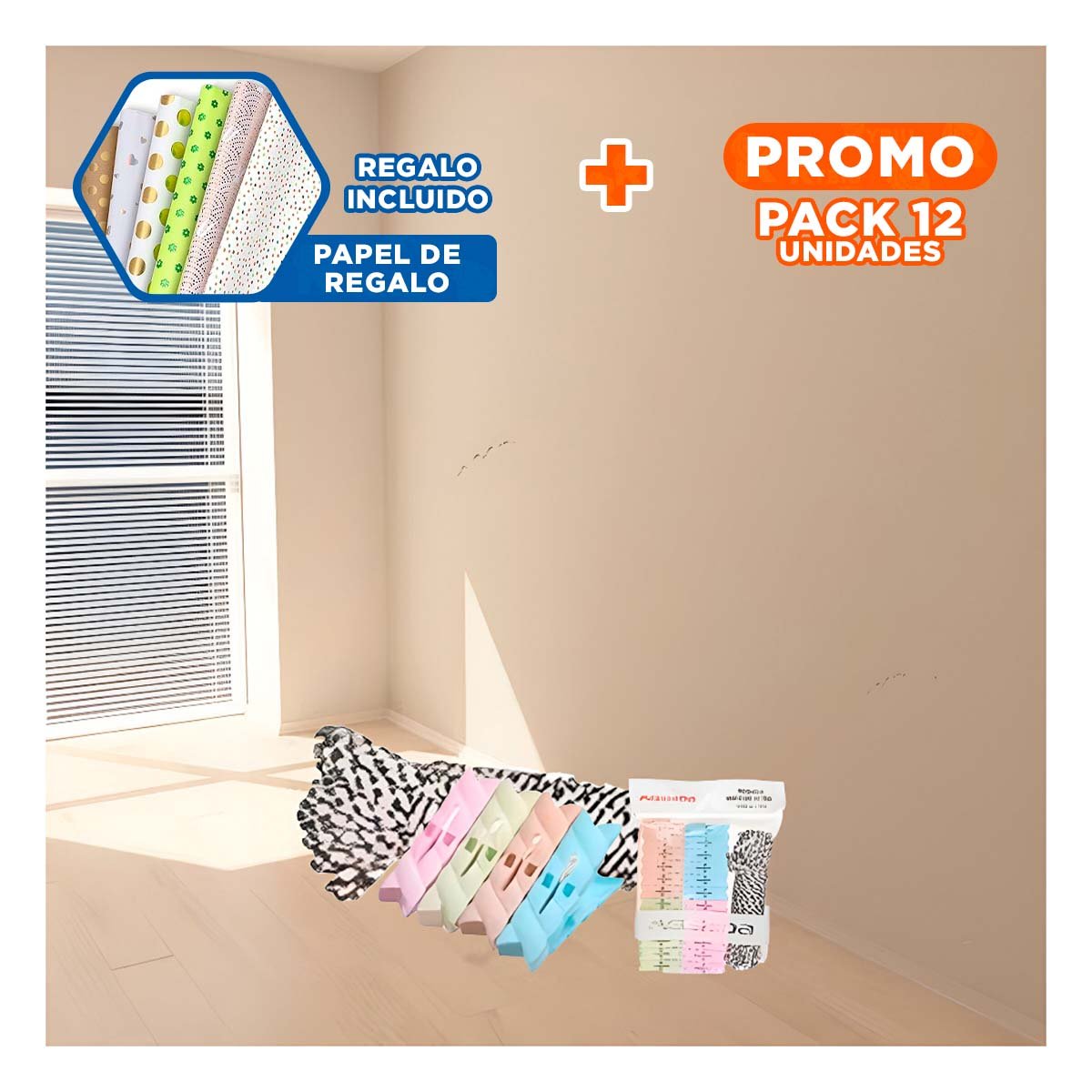 PACK12 GANCHO DE DORMITORIO Y CUERDA MULTICOLOR PARA GUARDAR TODO Y+PAPEL REGALO - 1