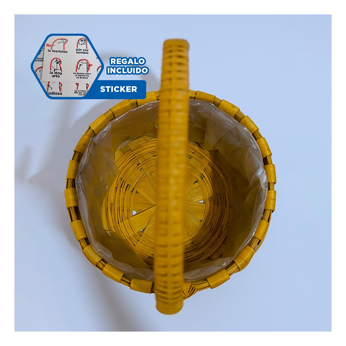 CESTA TEJIDA CIRCULAR CON ASA PARA DECORACION NATURAL EN AMBIENTES DEL HOGAR Y+REGALO STICKER - 1