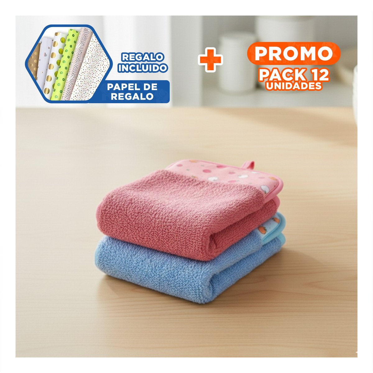 PACK12 KIT TOALLAS DE MANO 2 PIEZAS FUCSIA Y AZUL COLGADOR COLORIDO 28X38CM Y+PAPEL REGALO - 1