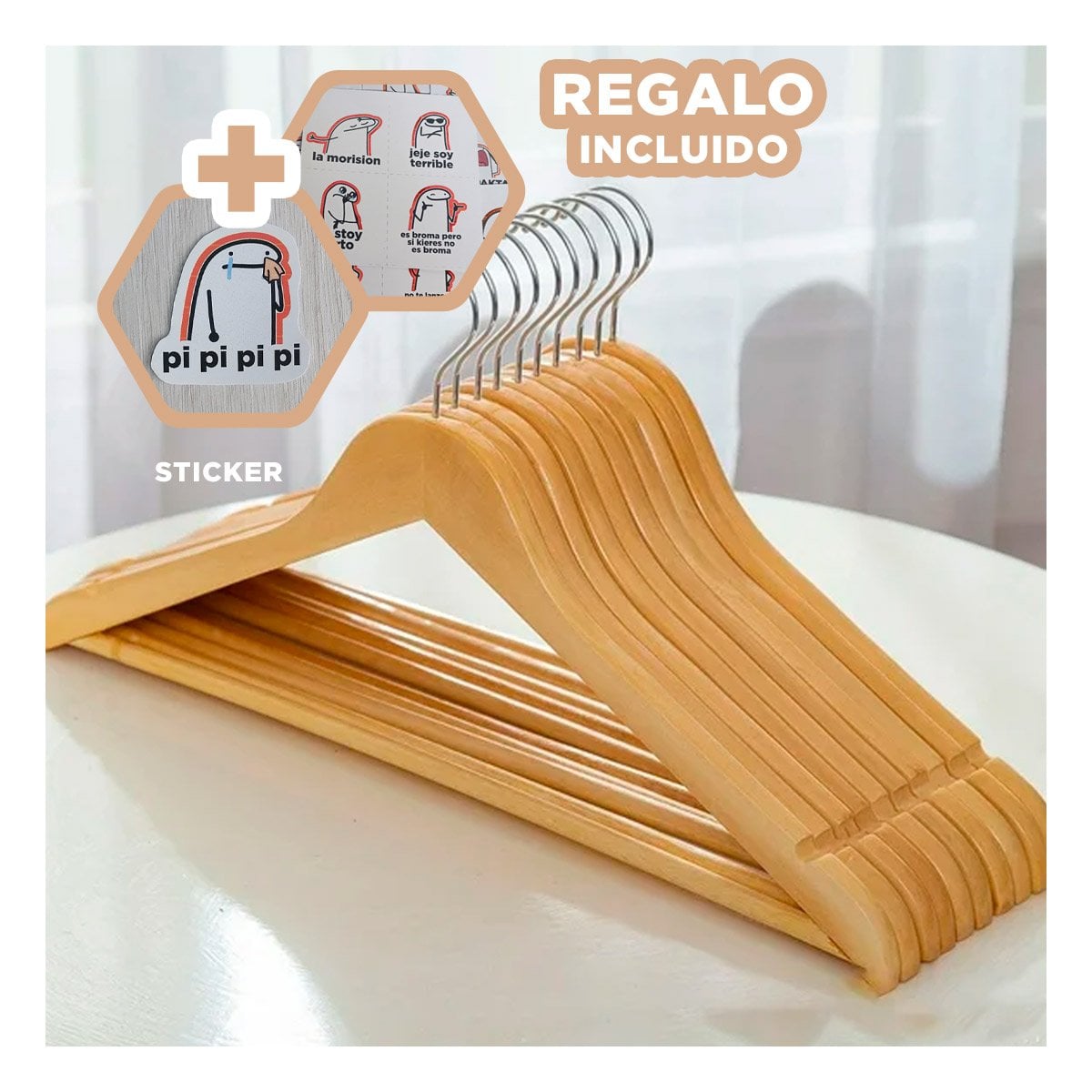 GANCHO PARA CLOSET DE MADERA COLOR MOSTAZA 3 PIEZAS HOGAR Y+REGALO STICKER - 1