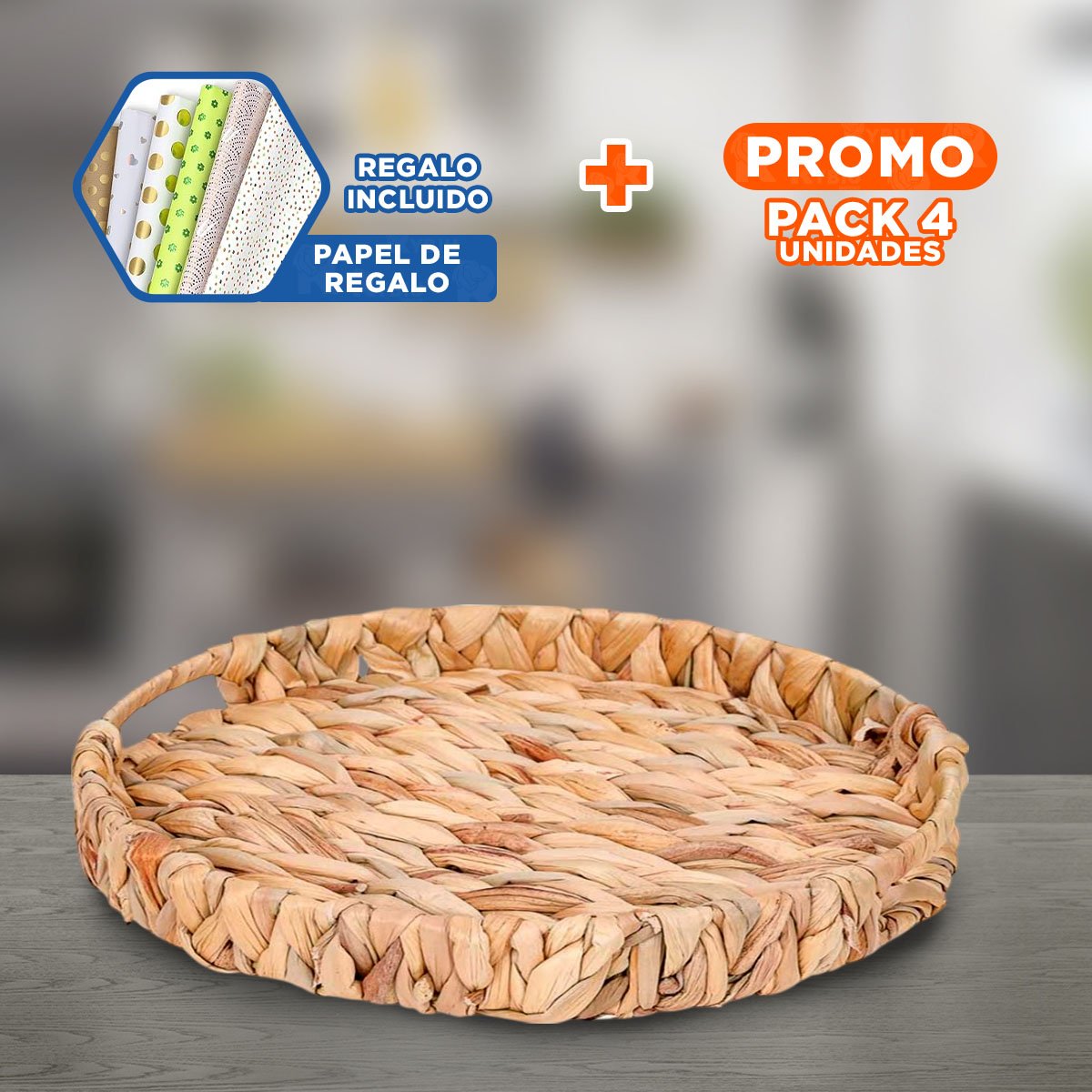PACK4 RECIPIENTE TEJIDA CIRCULAR CON ASAS GRASS 36X5CM MOSTAZA PARA GUARDAR Y+PAPEL REGALO - 1