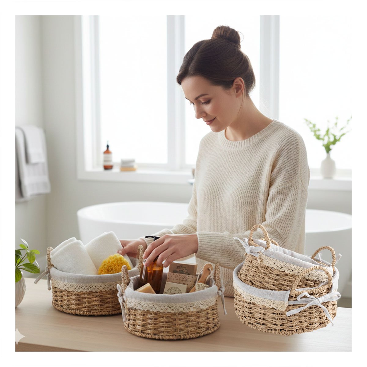 DUO 2 CONTENEDOR CIRCULAR TEJIDO CON FORRO BEIGE Y PLOMO PARA ORDENAR CASA Y+POST IT - 2