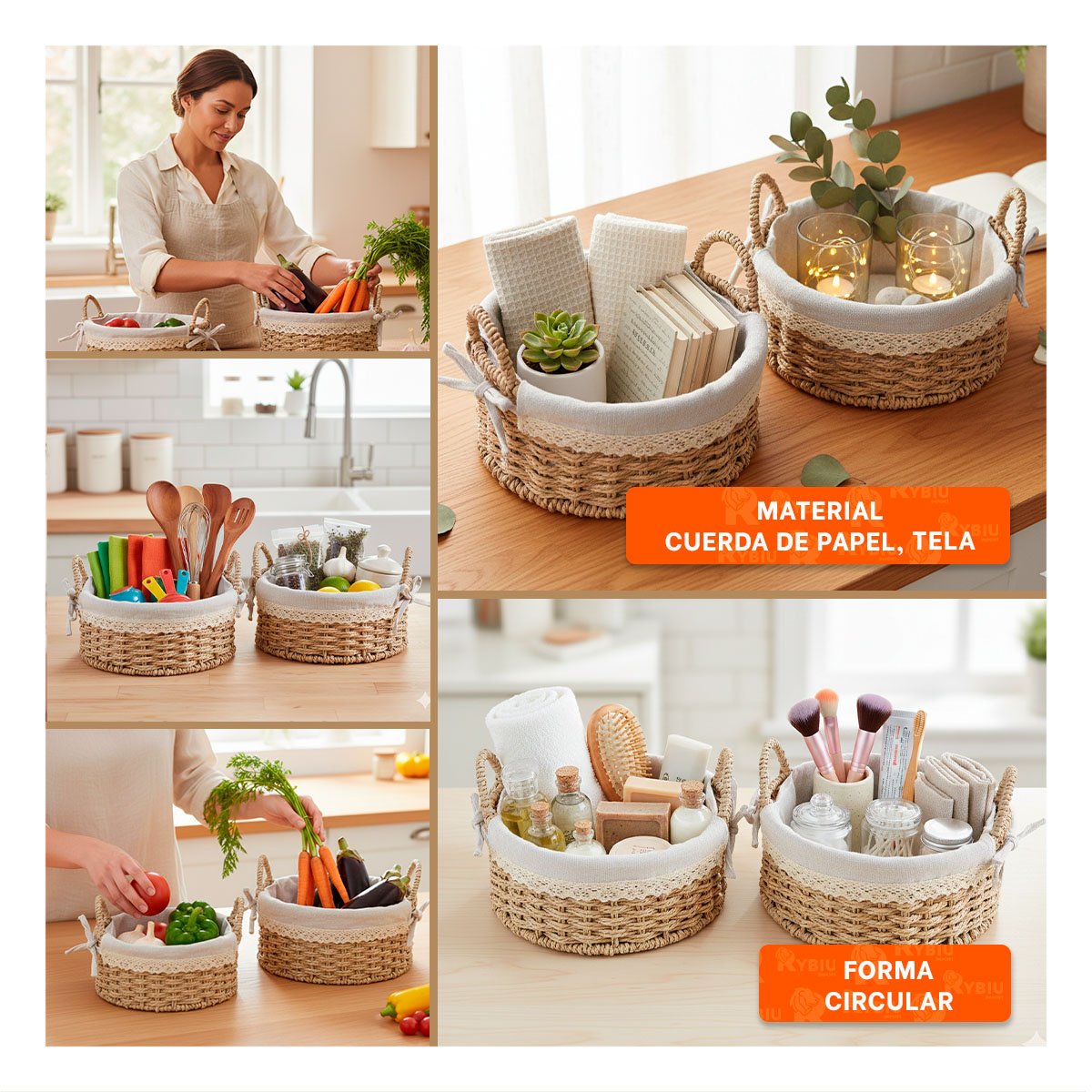 DUO 2 CONTENEDOR CIRCULAR TEJIDO CON FORRO BEIGE Y PLOMO PARA ORDENAR CASA Y+POST IT - 5