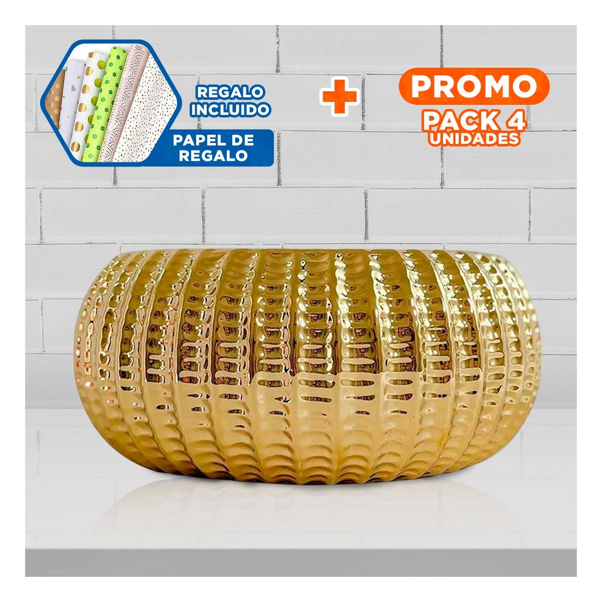 PACK4 ELEGANTE CUENCO CERAMICA DORADO ACANALADO PARA INTERIOR CASA Y+PAPEL REGALO - 1
