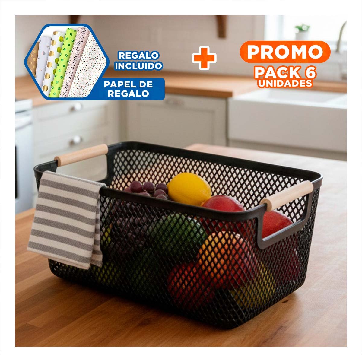 PACK6 CAJA ESTILO MODERNO DE MALLA CON ASAS DE MADERA NEGRO DE ALMACENAR OBJETOS Y+PAPEL REGALO - 1