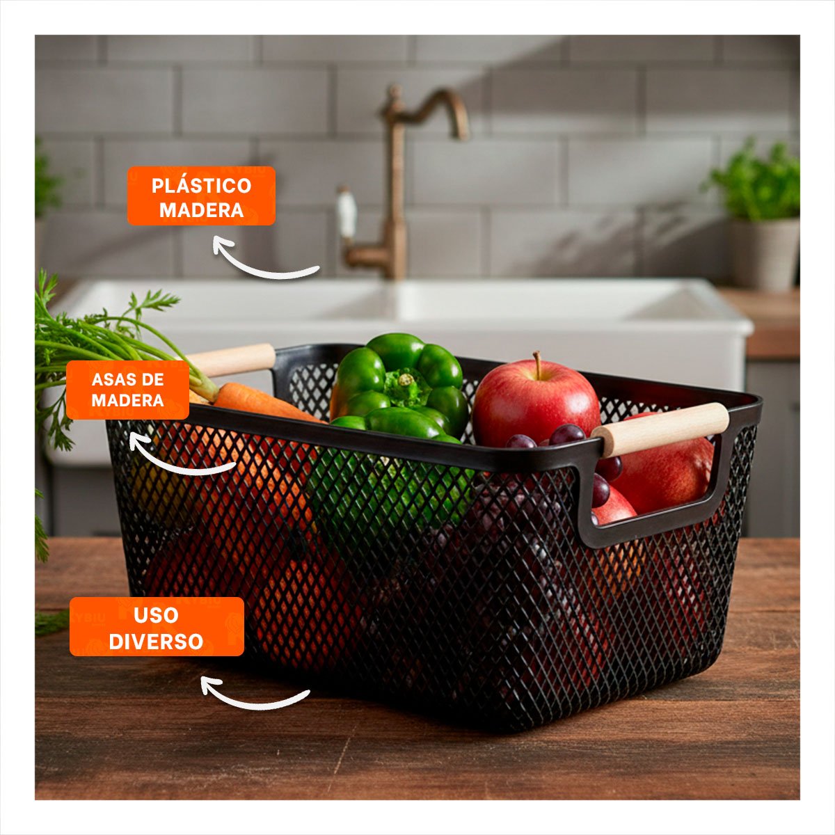 PACK6 CAJA ESTILO MODERNO DE MALLA CON ASAS DE MADERA NEGRO DE ALMACENAR OBJETOS Y+PAPEL REGALO - 2
