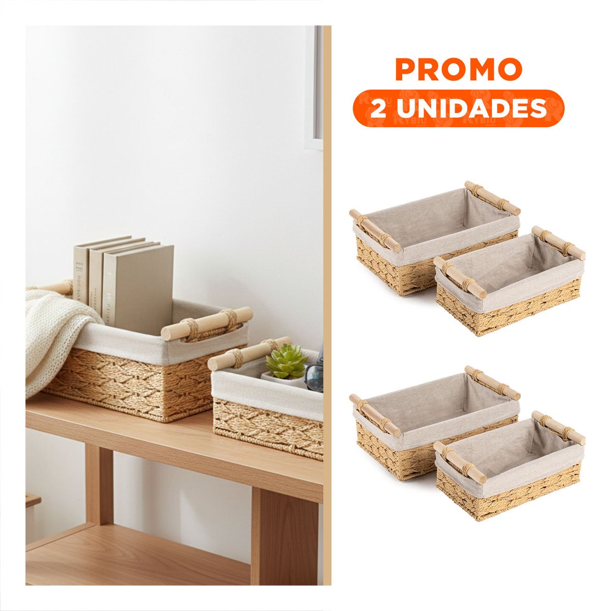 PACK2 RECIPIENTE RECTANGULAR DE TELA CON ASAS DE MADERA MOSTAZA 24.5X14.5CM - 1