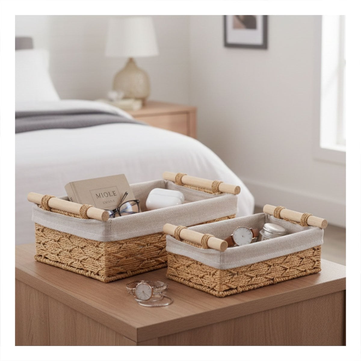 PACK2 RECIPIENTE RECTANGULAR DE TELA CON ASAS DE MADERA MOSTAZA 24.5X14.5CM - 2