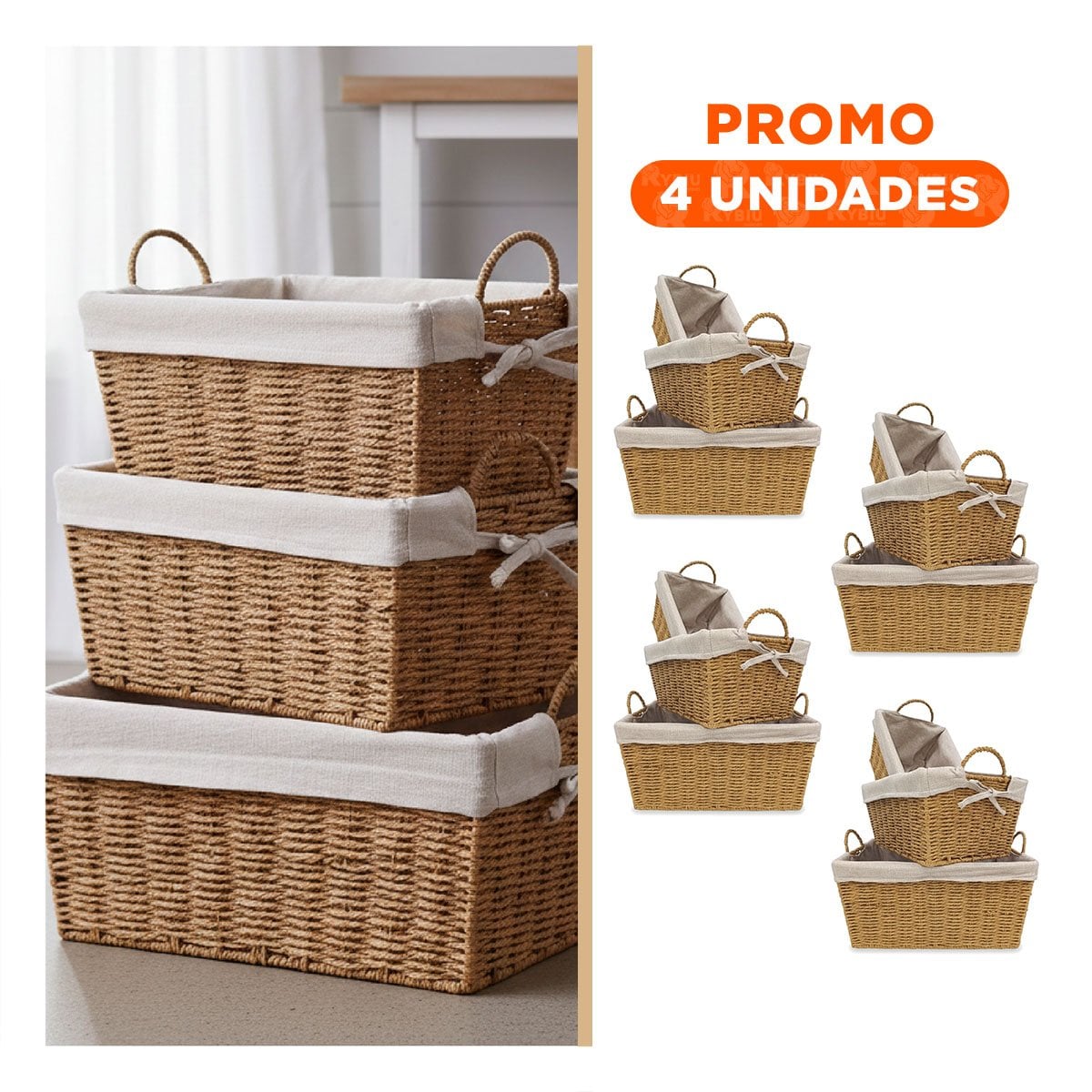 PACK4 COMBO DE CANASTAS RECTANGULARES PARA ORGANIZAR Y DECORAR LA CASA MOSTAZA Y+REGALO STICKER - 1