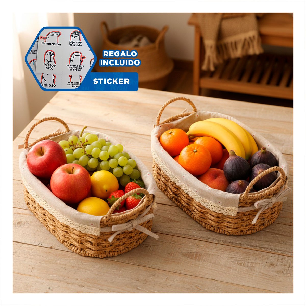 DUO 2 CANASTO OVALADO TEJIDO CON FORRO BEIGE Y PLOMO PARA GUARDAR ROPA Y+REGALO STICKER - 1