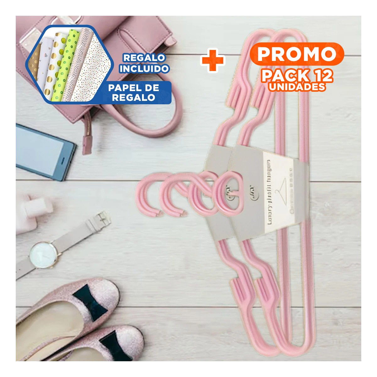 PACK12 SOPORTE SIMPLE DE PLASTICO ROSADO CIRCULO EN MEDIO DE 4 PIEZAS PRENDAS Y+PAPEL REGALO - 1