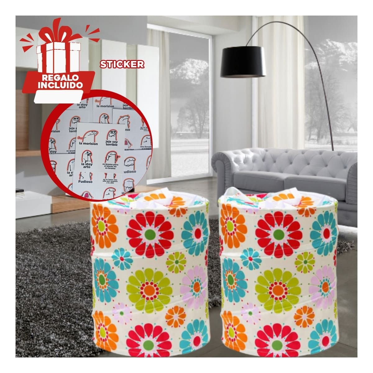 DEPOSITO PARA GUARDAR PRENDAS CON FLORES DE COLORES 50X42CM BLANCO Y+REGALO STICKER - 1