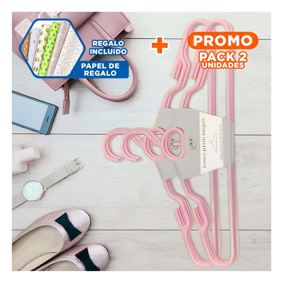 PACK2 GANCHO DIARIO DE PLASTICO ROSADO CIRCULO EN MEDIO DE 4 PIEZAS ROPA Y+PAPEL REGALO - 1
