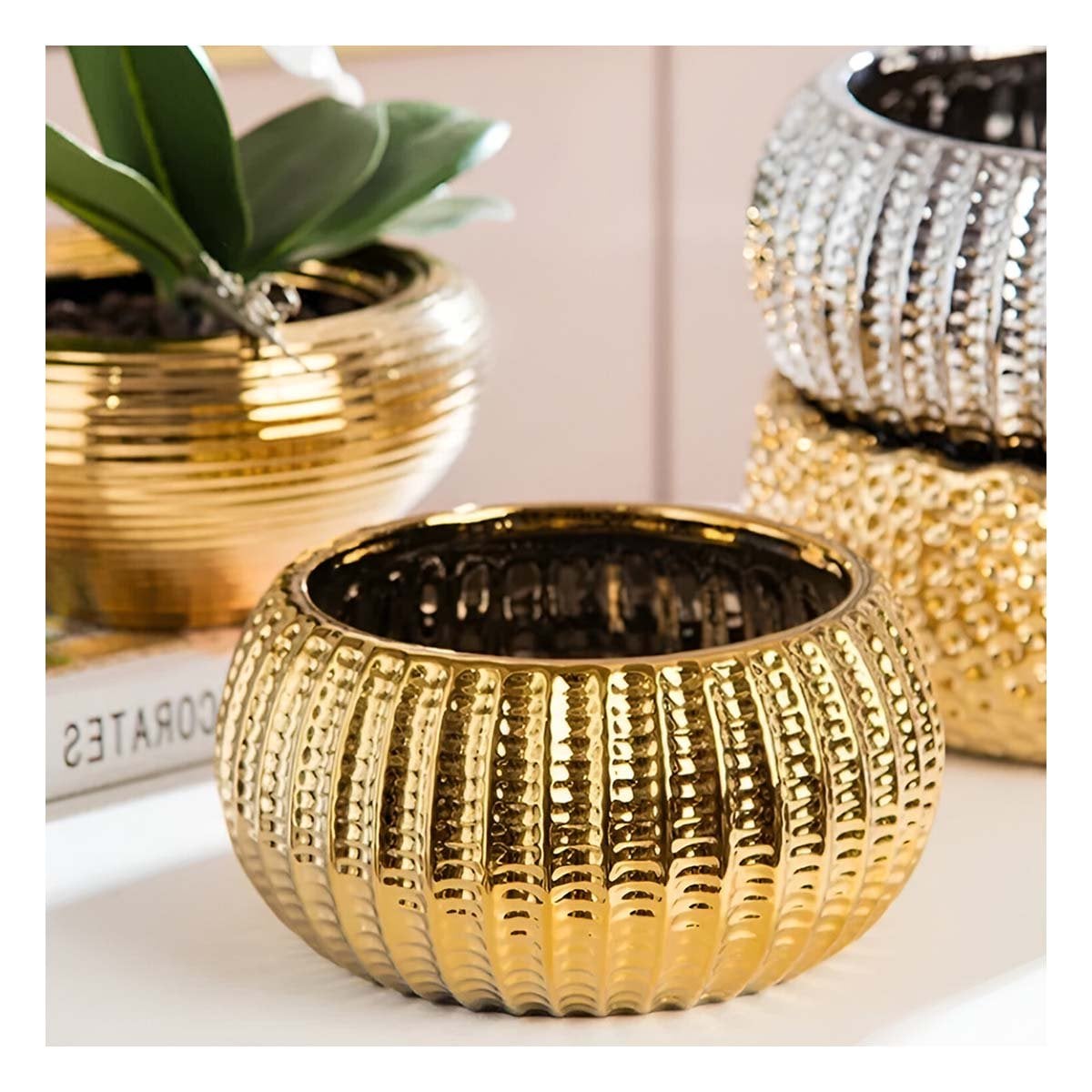 CUENCO REDONDO CERAMICA GALVANIZADA 15X20X10.5CM DORADO Y+LIGAS REGALO - 2