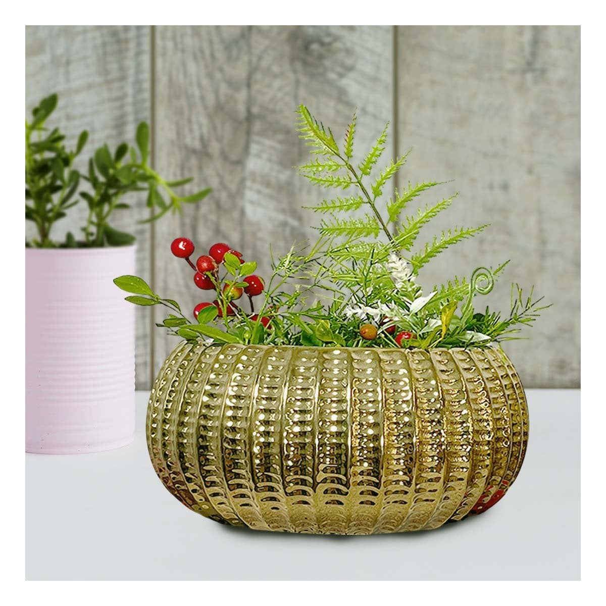 PACK2 PLANTAS CUENCO CERAMICA DORADO ACANALADO PARA COMEDOR Y JARDIN - 5