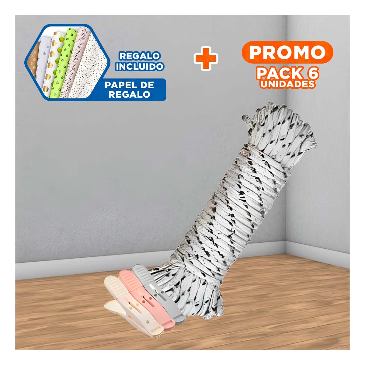 PACK6 PINZAS MULTICOLOR PARA ROPA DE TRES COLORES CON CUERDA PARA TENDIDO DIARIO YPAPEL REGALO - 1