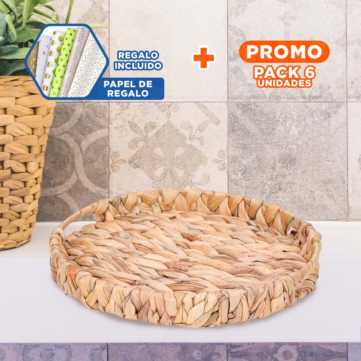 PACK6 PANERA REDONDA TEJIDA CON ASAS GRASS 30X4CM MOSTAZA PARA USO CASA YPAPEL REGALO - 1