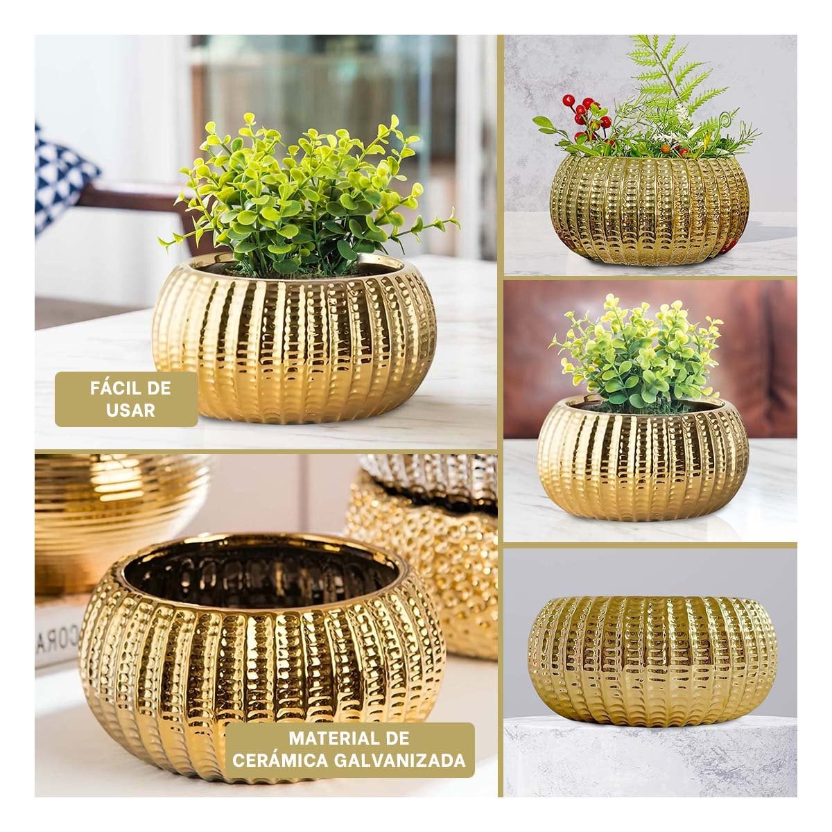 PACK4 PLANTA MINIMALISTA CERAMICA DORADO 17.5X22X11.5CM Y+REGALO STICKER - 2