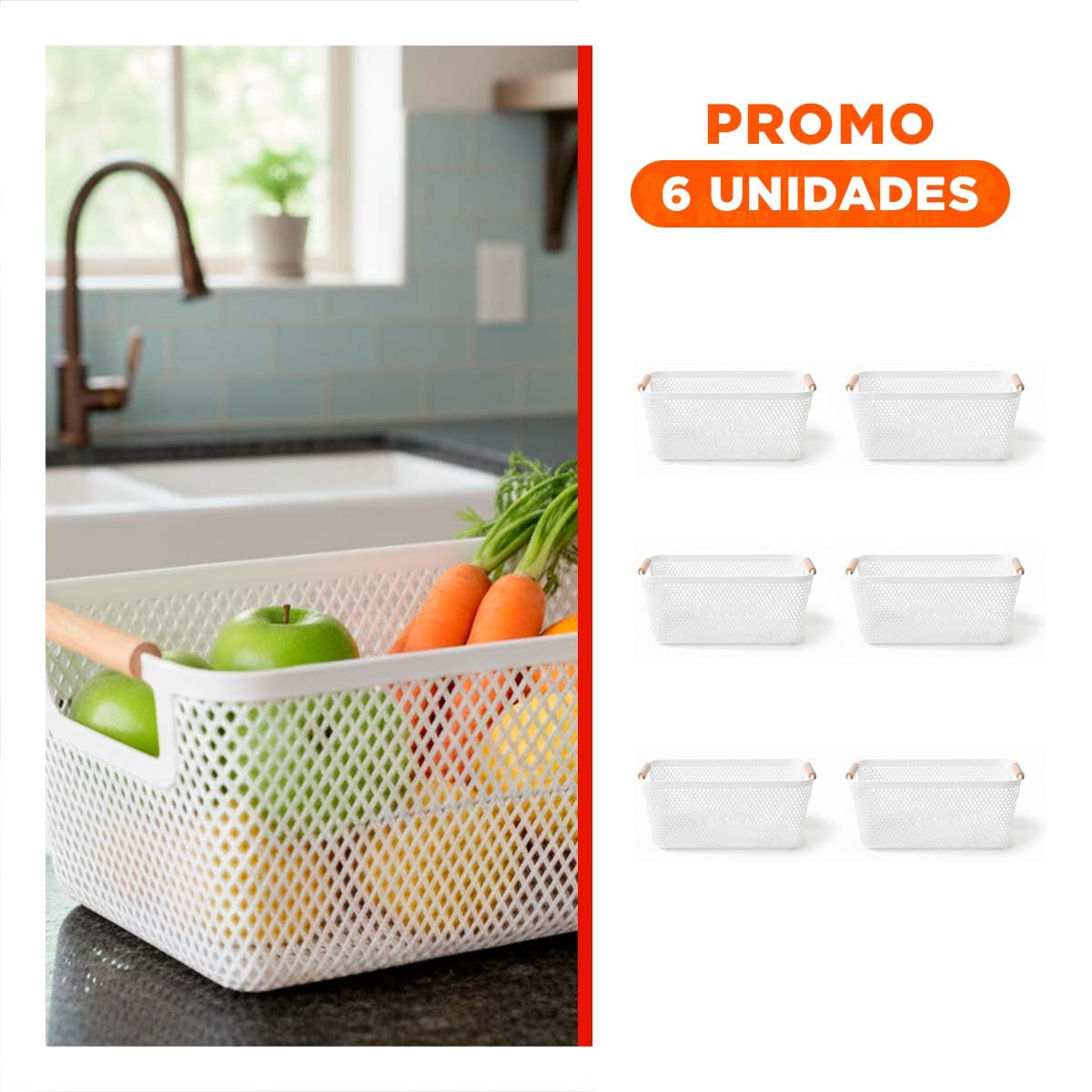PACK6 CAJON PORTÁTIL MALLA CON ASAS DE MADERA BLANCO PARA SALA Y COCINA - 1
