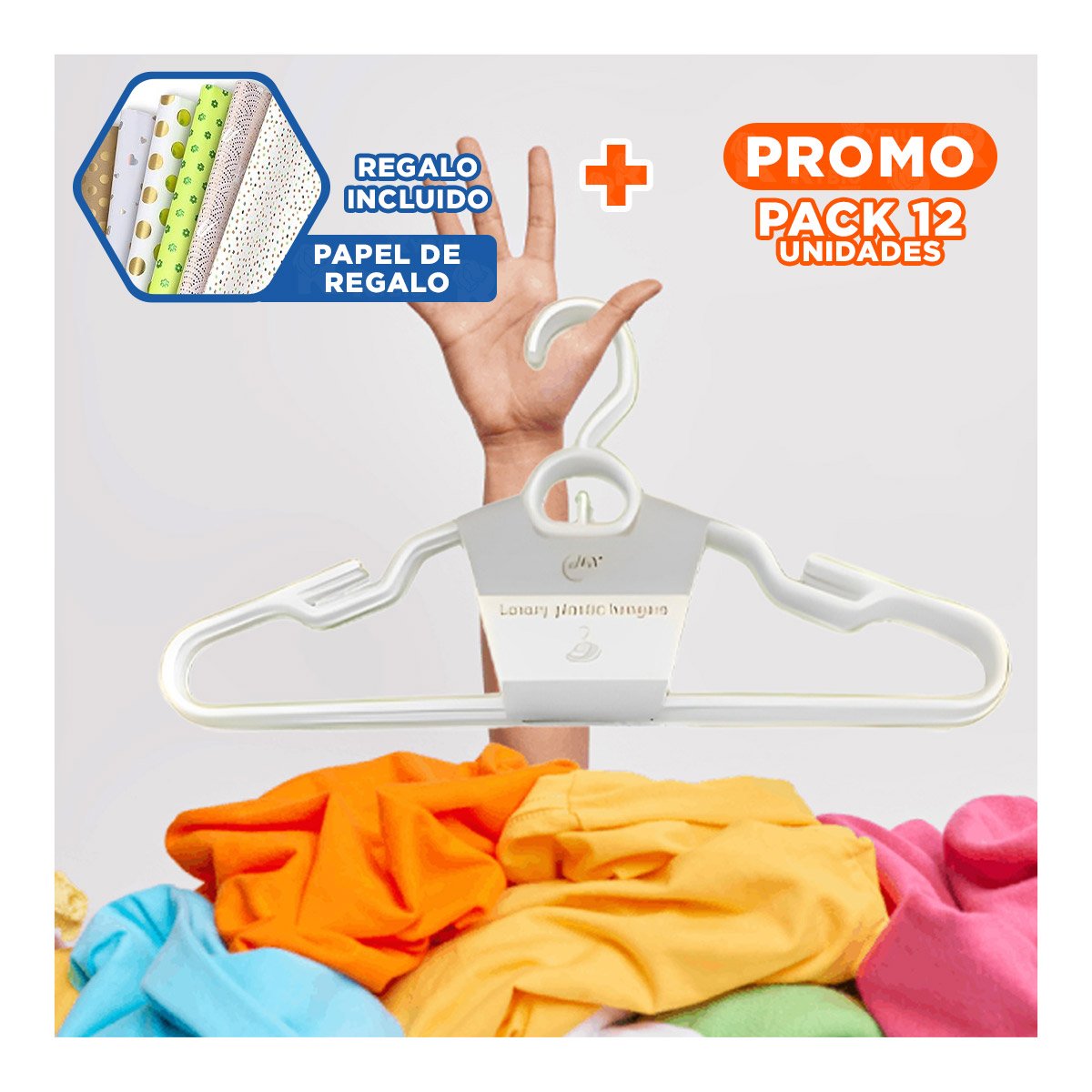 PACK12 PERCHA PLASTICA BLANCA CON ARO REDONDO EN MEDIO DE 4 PIEZAS Y+PAPEL REGALO - 1
