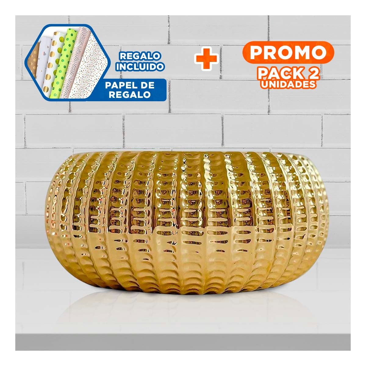 PACK2 JARDINERA CUENCO CERAMICA DORADO ACANALADO PARA TERRAZA Y PATIO Y+PAPEL REGALO - 1