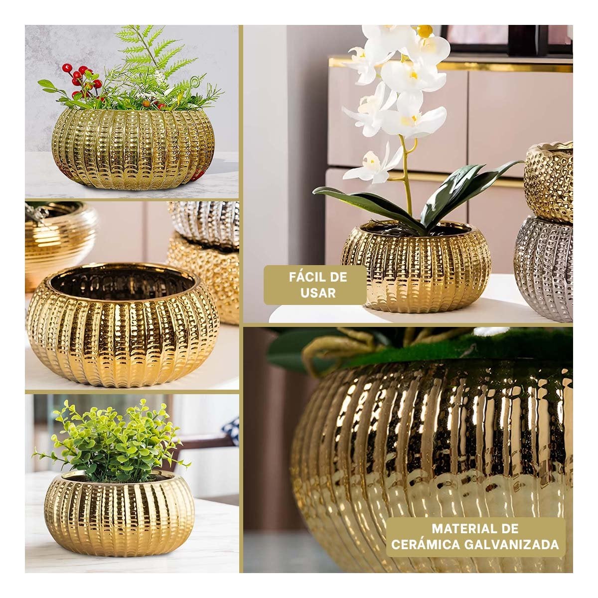 PACK2 JARDINERA CUENCO CERAMICA DORADO ACANALADO PARA TERRAZA Y PATIO Y+PAPEL REGALO - 3