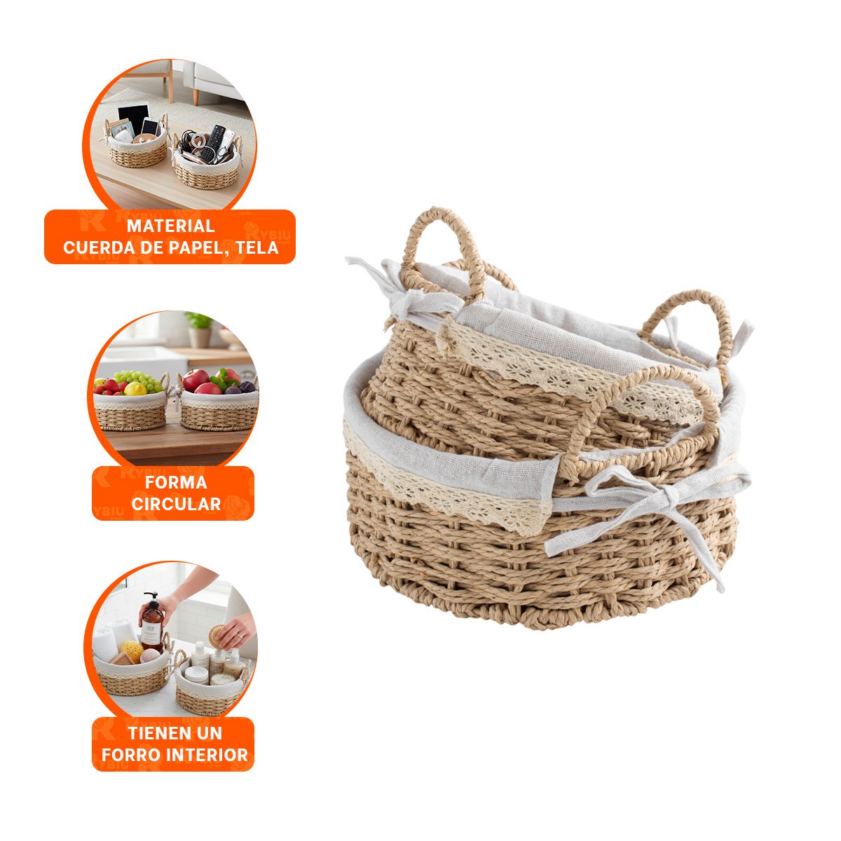 PACK 2 CAJA CIRCULAR TEJIDA CON FORRO BEIGE Y PLOMO PARA ORGANIZAR TODO HOGAR - 3
