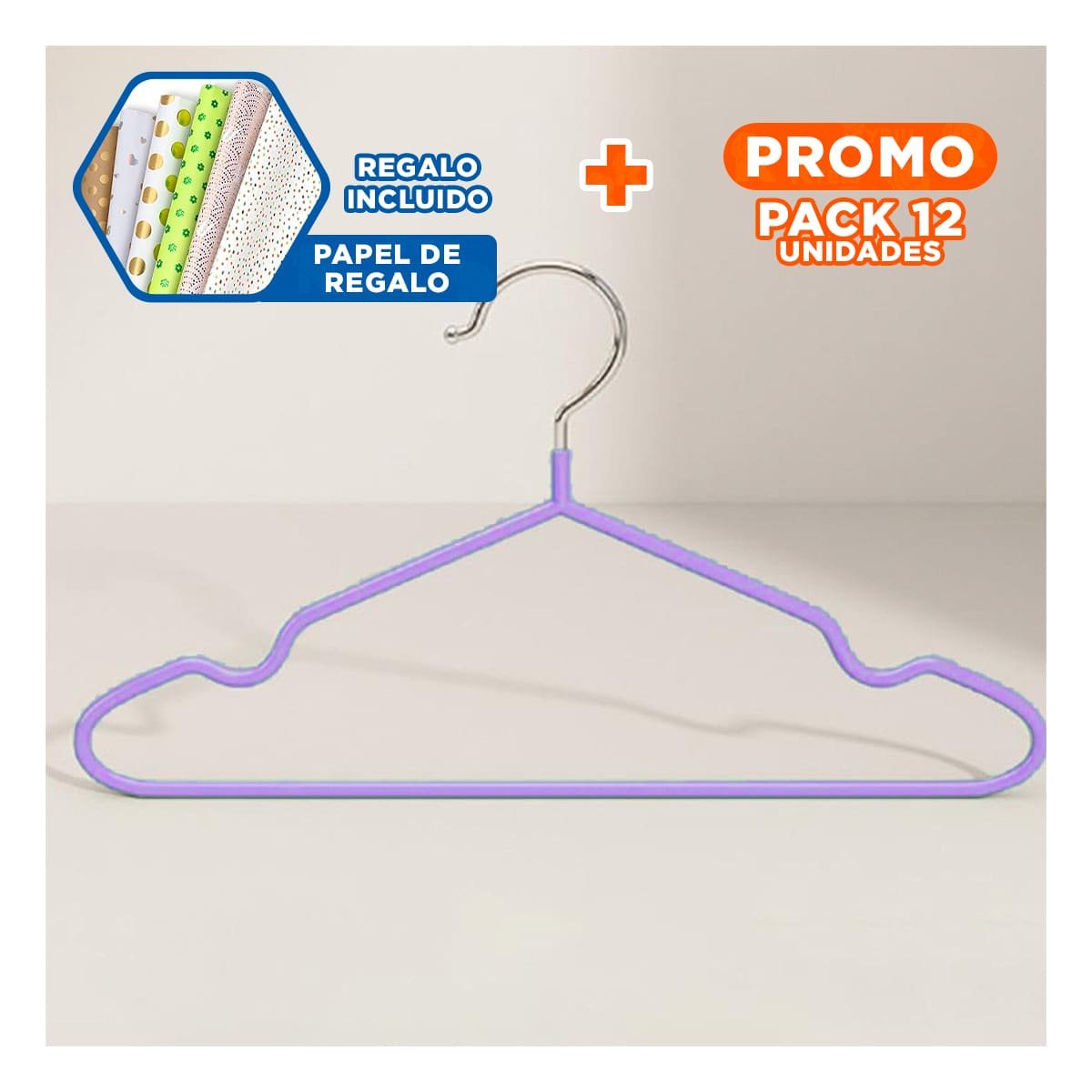 PACK12 ELEMENTO PARA CLOSET DE ALAMBRE CON PLASTICO LILA 5 PIEZAS Y+PAPEL REGALO - 1