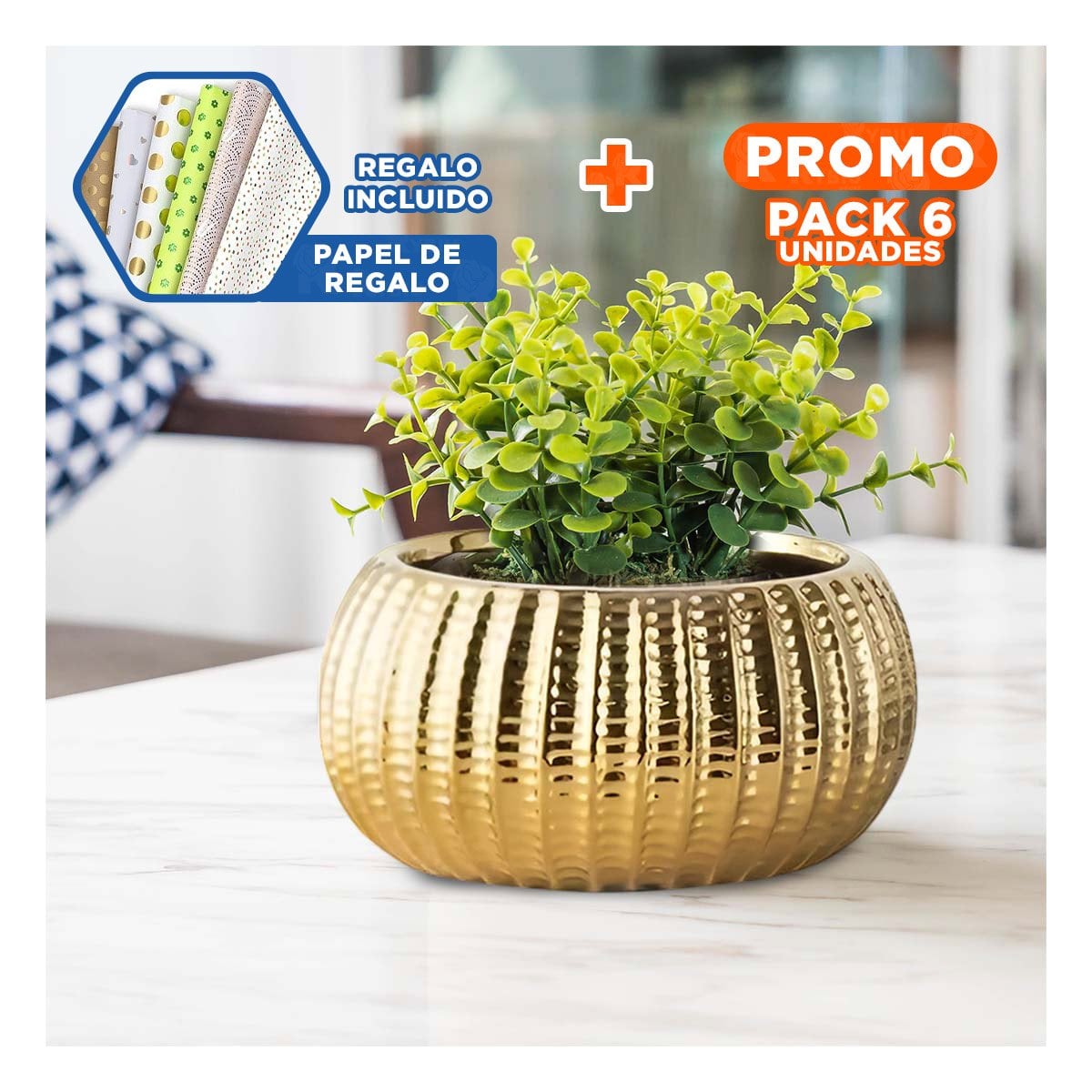 PACK6 JARDINERA DECORATIVA CERAMICA DORADO 17.5X22X11.5CM Y+PAPEL REGALO - 1