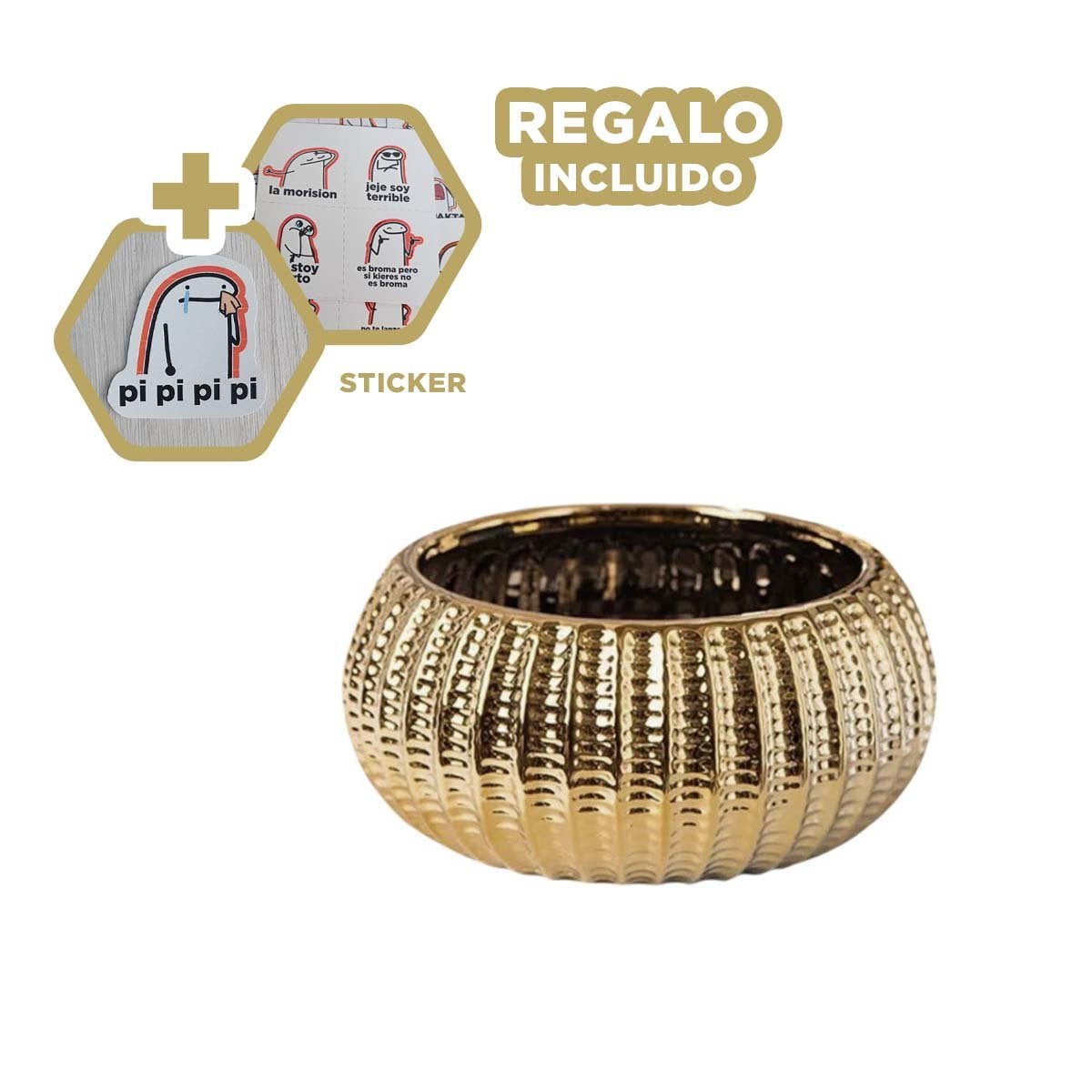 TAZON REDONDO CERAMICA GALVANIZADA 15X20X10.5CM DORADO Y+REGALO STICKER - 1