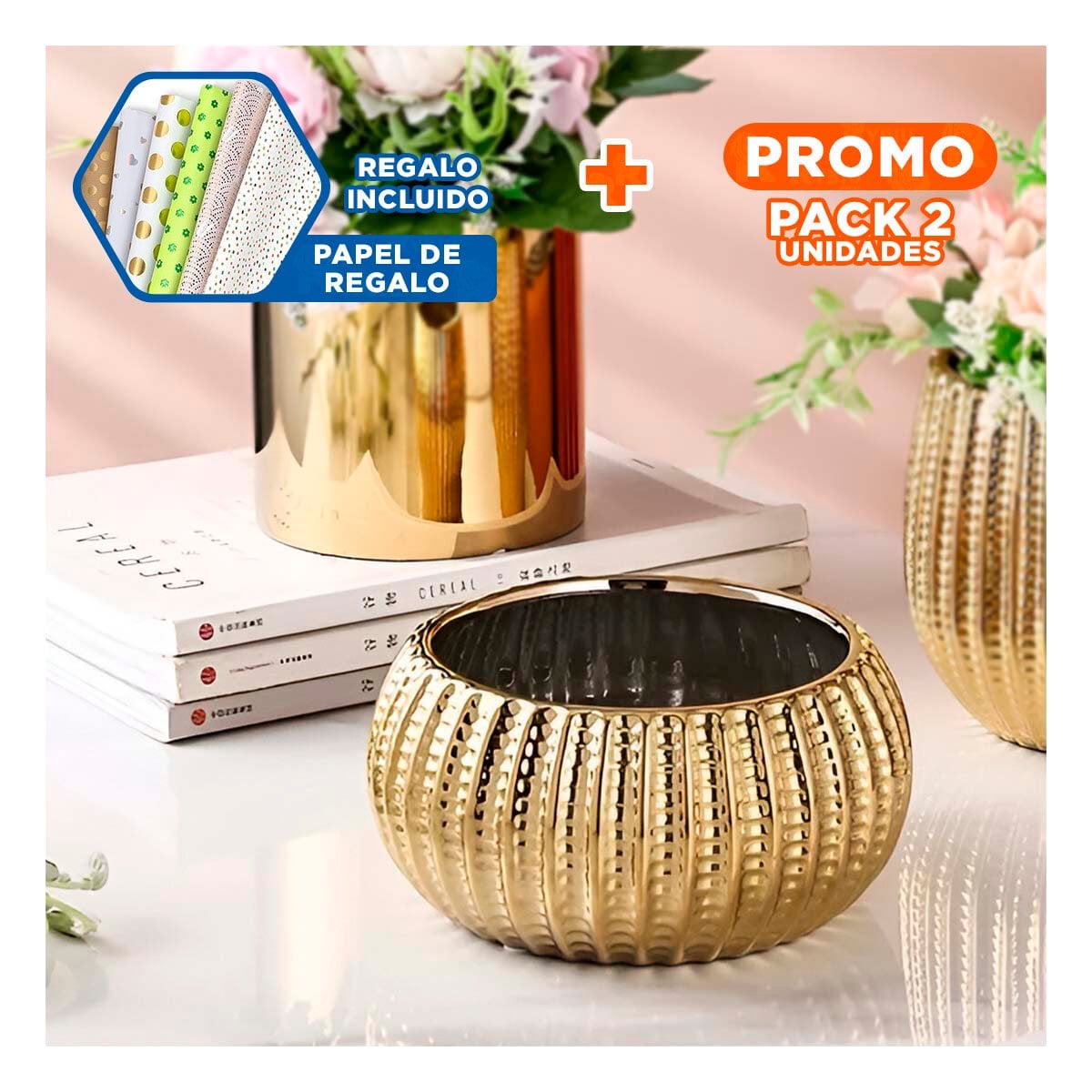 PACK2 TAZON OVALADO CERAMICA GALVANIZADA 15X20X10.5CM DORADO Y+PAPEL REGALO - 1