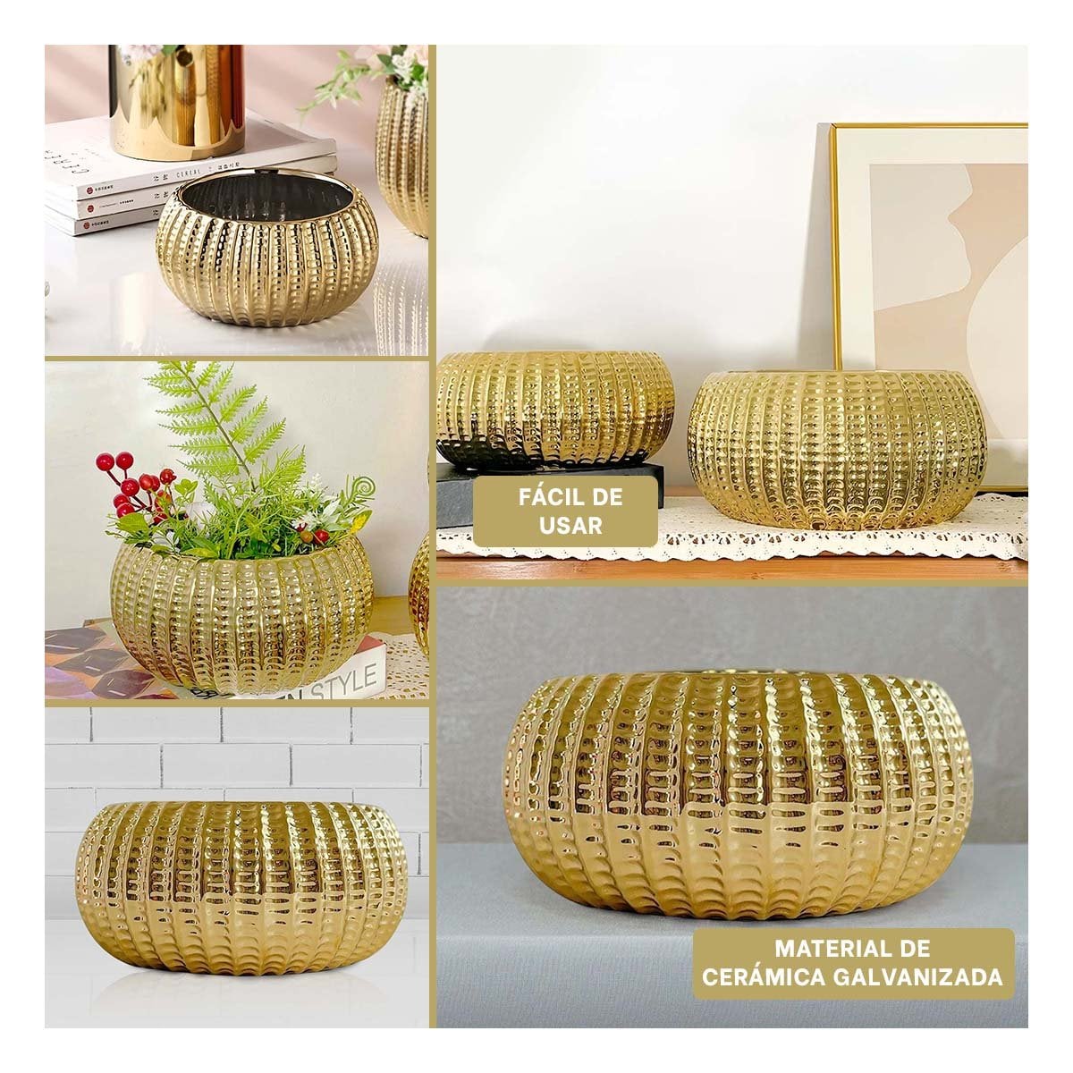 JARDINERA OVALADA CERAMICA GALVANIZADA 15X20X10.5CM DORADO Y+POST IT - 1