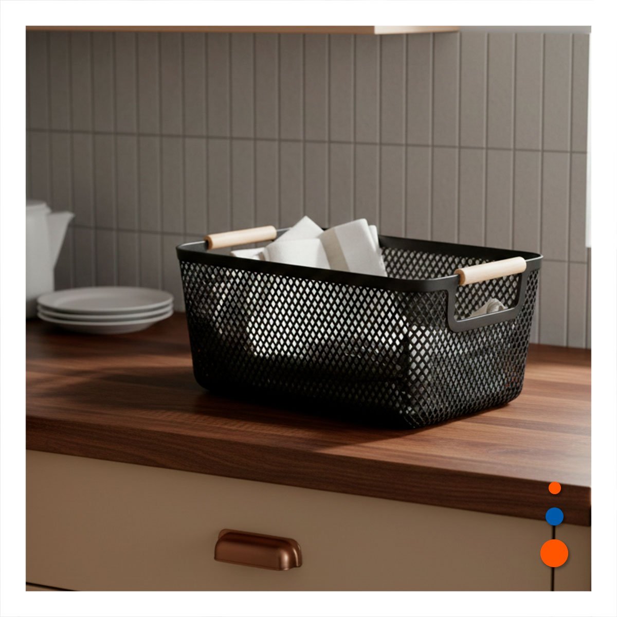 ORGANIZADOR DE MALLA CON ASAS DE MADERA NEGRO PARA COLOCAR ARTICULOS Y+LIGAS REGALO - 1