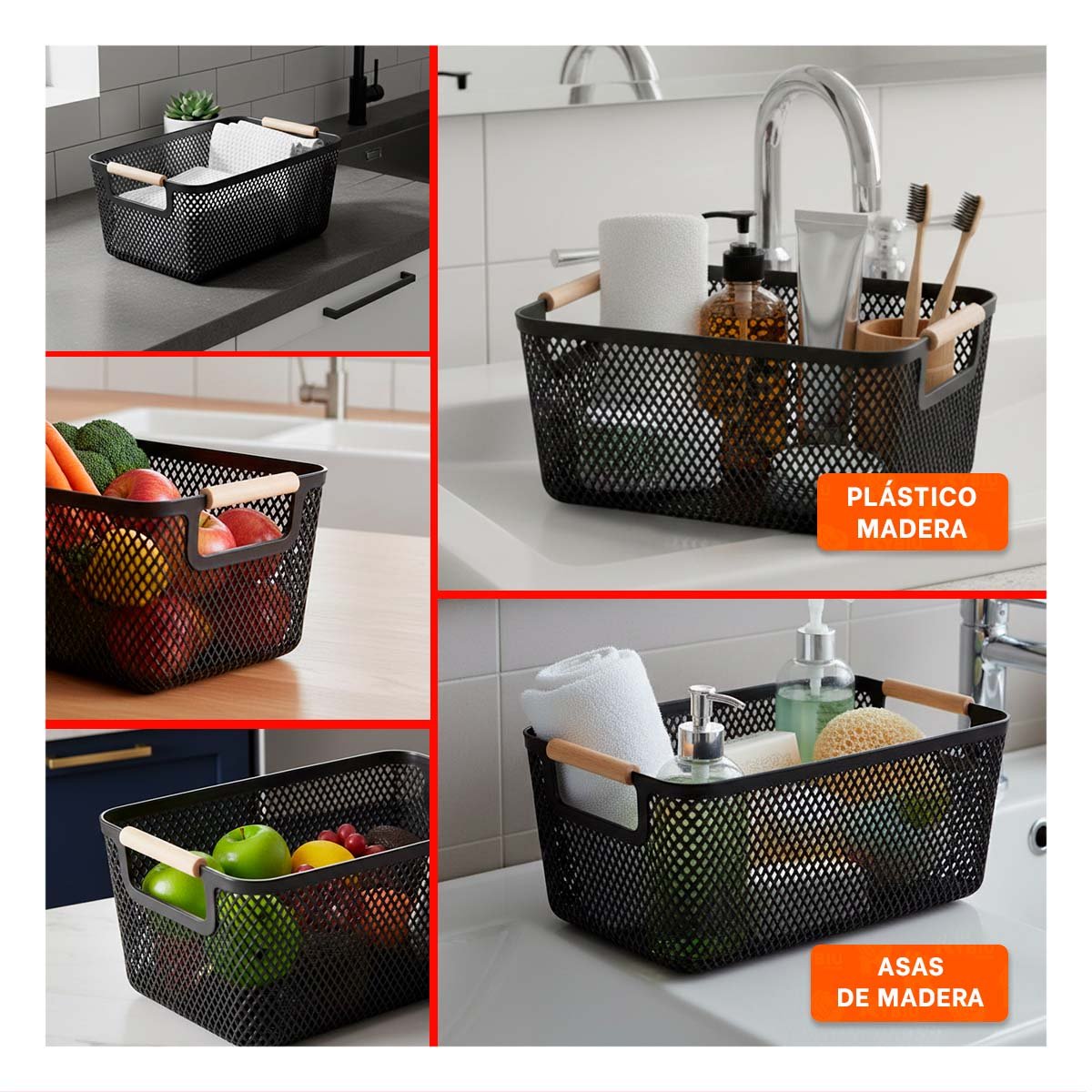 ORGANIZADOR DE MALLA CON ASAS DE MADERA NEGRO PARA COLOCAR ARTICULOS Y+LIGAS REGALO - 5
