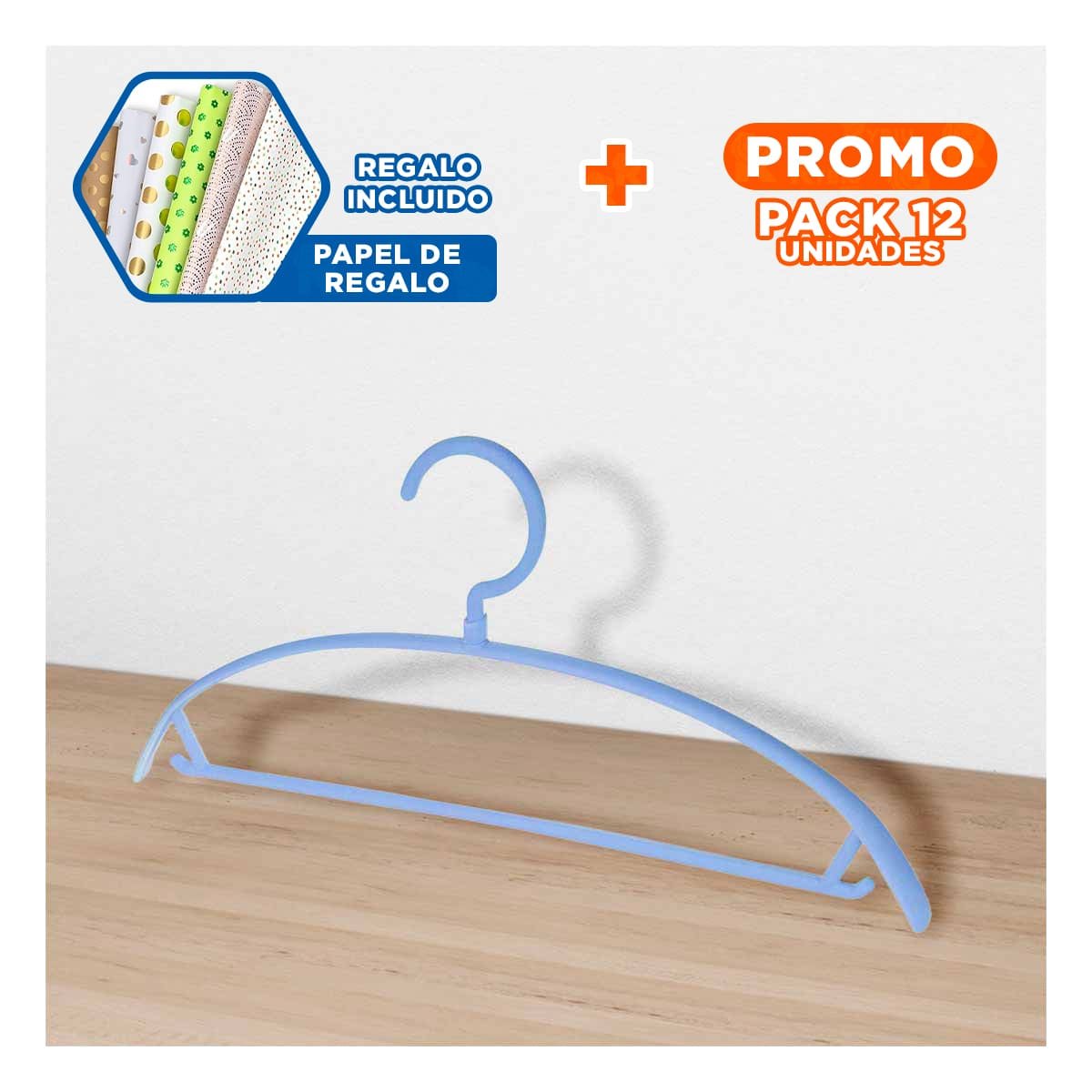 PACK12 PERCHA RESISTENTE DE PLASTICO AZUL MEDIA LUNA 4 PIEZAS PARA CLOSET Y+PAPEL REGALO - 1