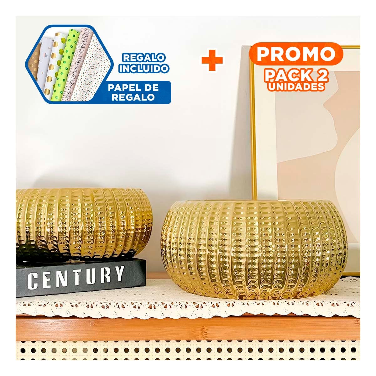 PACK2 MACETA DORADA CERAMICA 17.5X22X11.5CM Y+PAPEL REGALO - 1