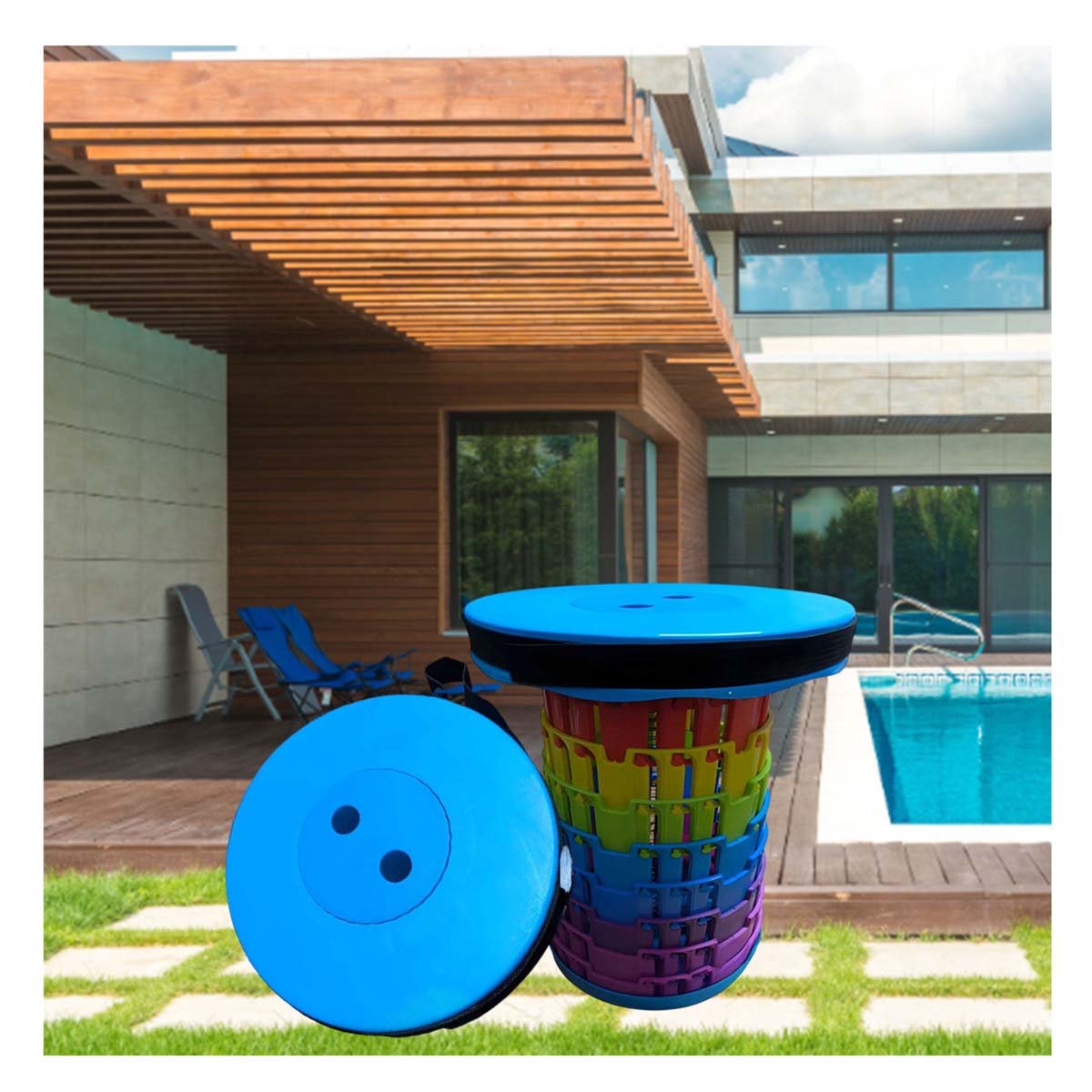 PACK4 BUTACA PLEGABLE CON SISTEMA DE SEGURIDAD PORTATIL AZUL MULTICOLOR Y+REGALO STICKER - 5