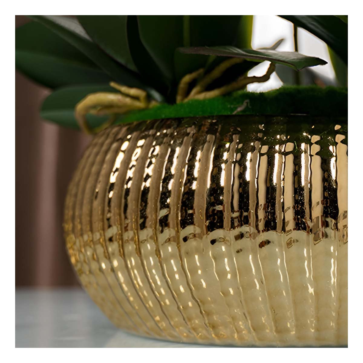 MESA CUENCO CERAMICA DORADO ACANALADO PARA PLANTAS Y SALA - 2