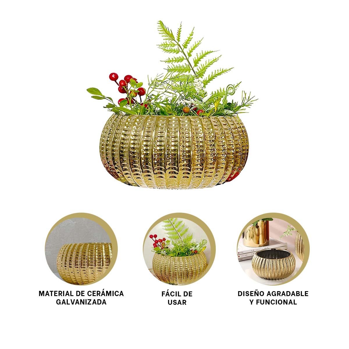 MESA CUENCO CERAMICA DORADO ACANALADO PARA PLANTAS Y SALA - 3