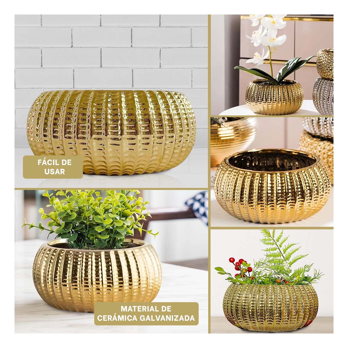 MESA CUENCO CERAMICA DORADO ACANALADO PARA PLANTAS Y SALA - 5