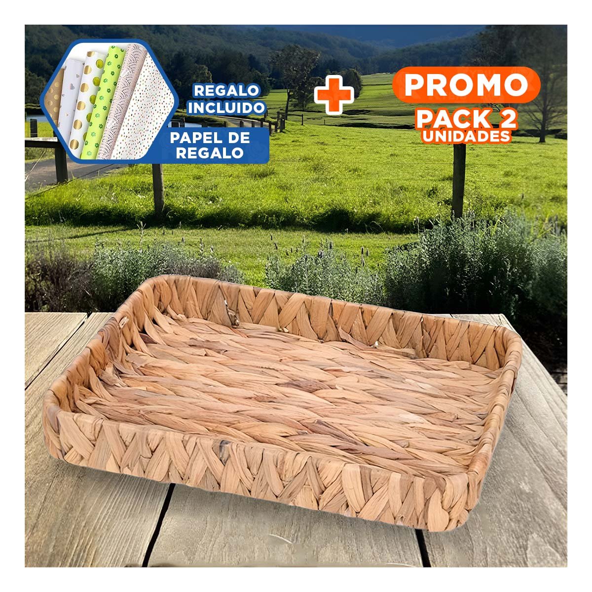 PACK2 CESTA TEJIDA RECTANGULAR GRASS 36X28X6CM MOSTAZA PARA GUARDAR OBJETOS Y+PAPEL REGALO - 1