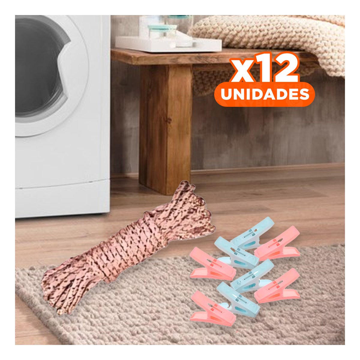 PACK12 SUJETADORES CUADRADOS PARA ROPA MULTICOLOR CON CUERDA PARA ESPACIOS INTERIORES - 1