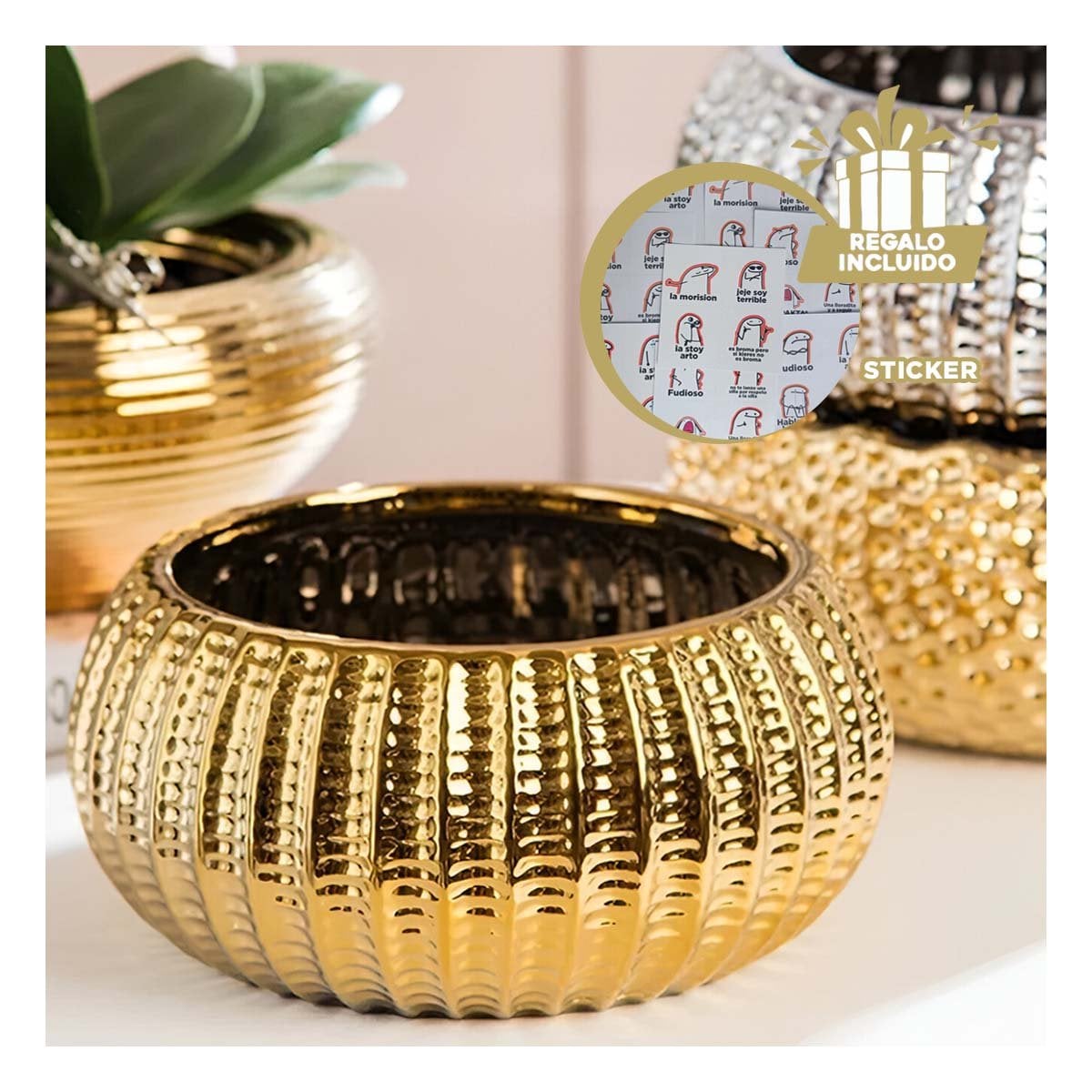 TERRAZA CUENCO CERAMICA DORADO ACANALADO PARA CASA Y JARDIN Y+REGALO STICKER - 1