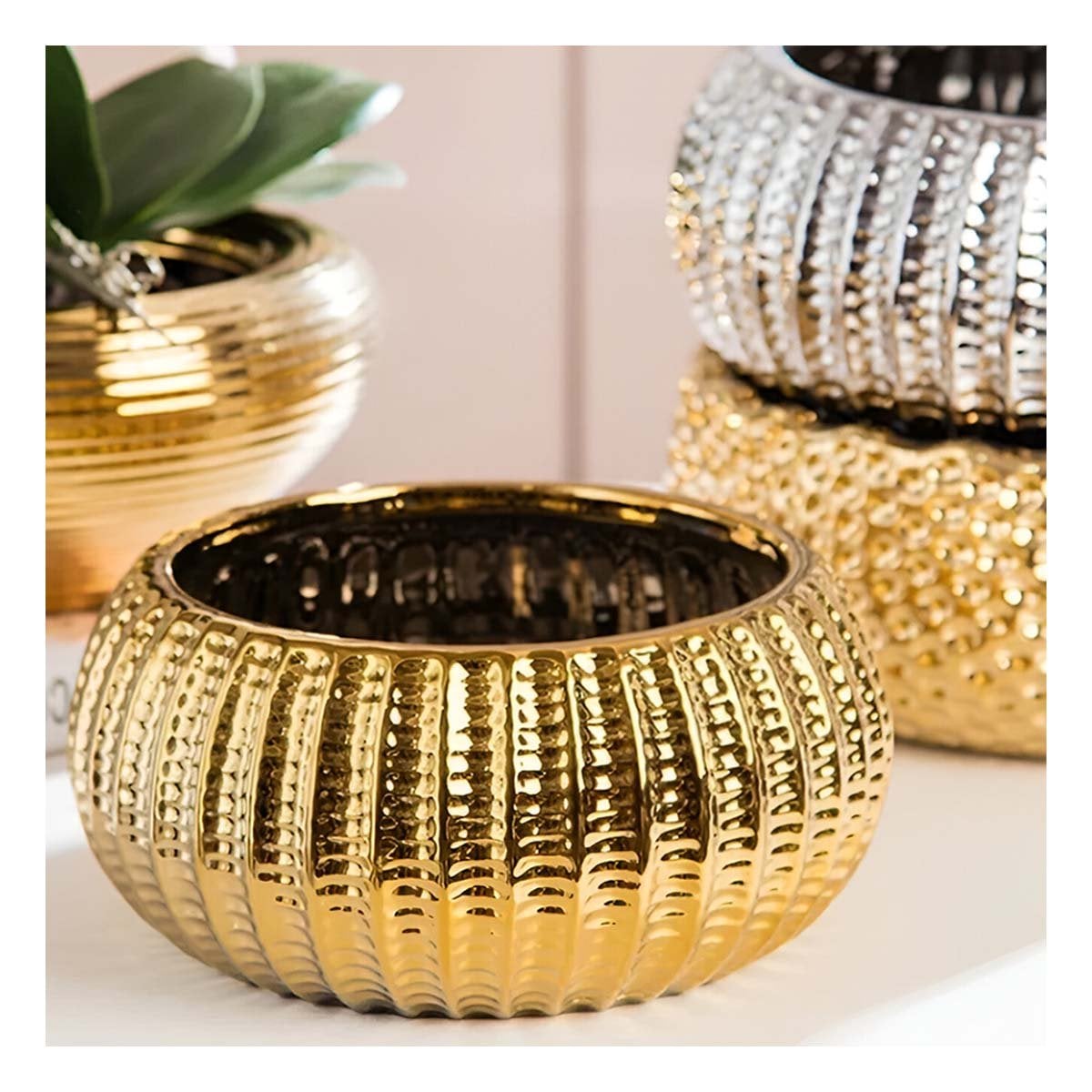 TERRAZA CUENCO CERAMICA DORADO ACANALADO PARA CASA Y JARDIN Y+REGALO STICKER - 2