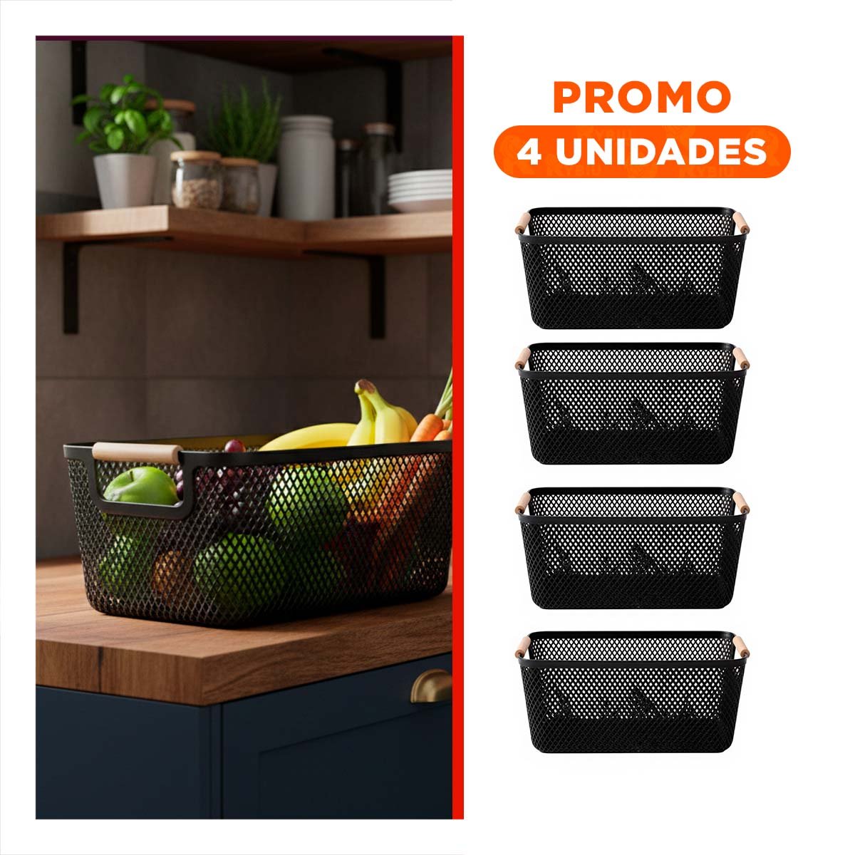 PACK4 CONTENEDOR ESTILO MODERNO DE MALLA CON ASAS DE MADERA NEGRO PARA ORDEN Y+REGALO STICKER - 1