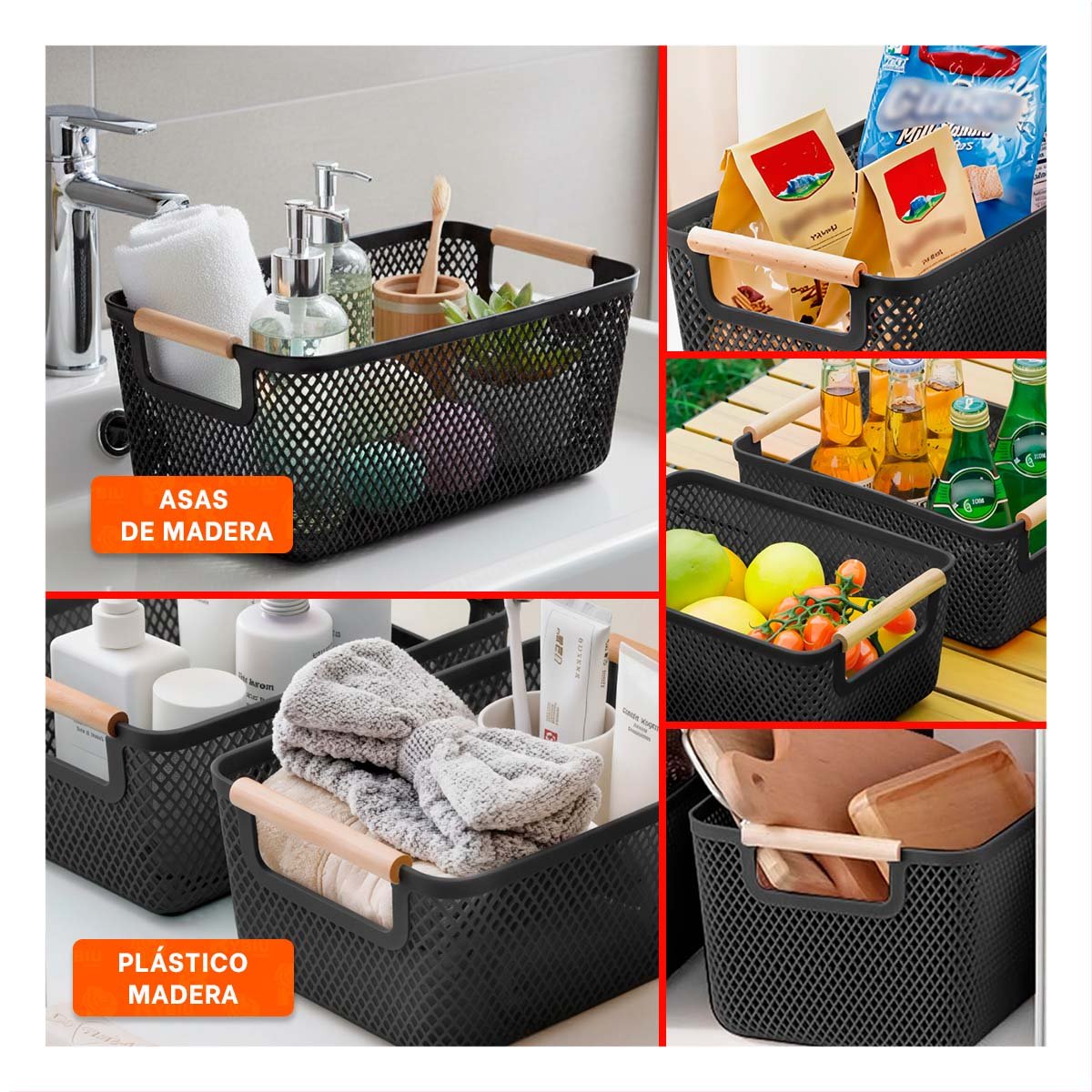 PACK4 CONTENEDOR ESTILO MODERNO DE MALLA CON ASAS DE MADERA NEGRO PARA ORDEN Y+REGALO STICKER - 2