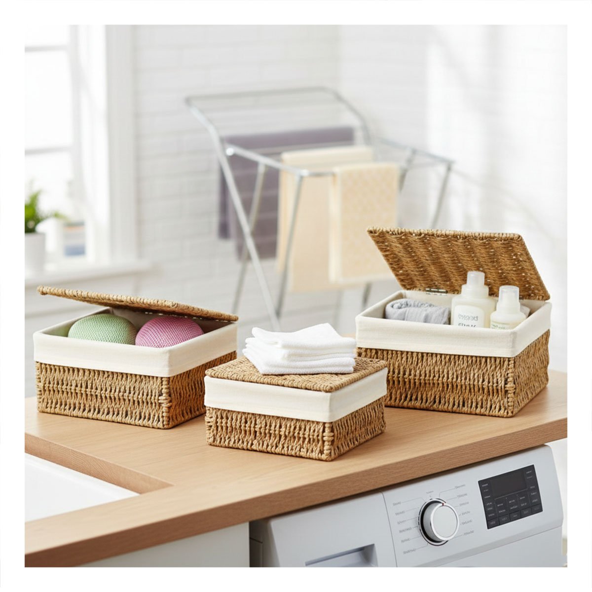 CESTA DE ORDEN DOMESTICO CON TAPA MOSTAZA 38X28 33X23 28X18 Y+PAPEL REGALO - 3